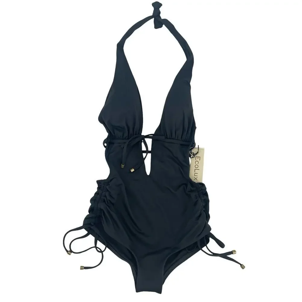 ✨NWT Vitamin a Brena Halter Plunge One Piece Swimsuit charcoal EcoLux XS